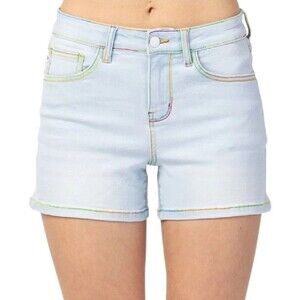 JUDY BLUE Jean Shorts Rainbow Stitch Mid Rise Shorts Light Blue